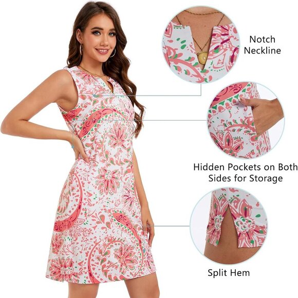 Womens Summer Sundress UPF 50+ Floral Pockets Notch Neck Casual Dress - Picture 4 of 6